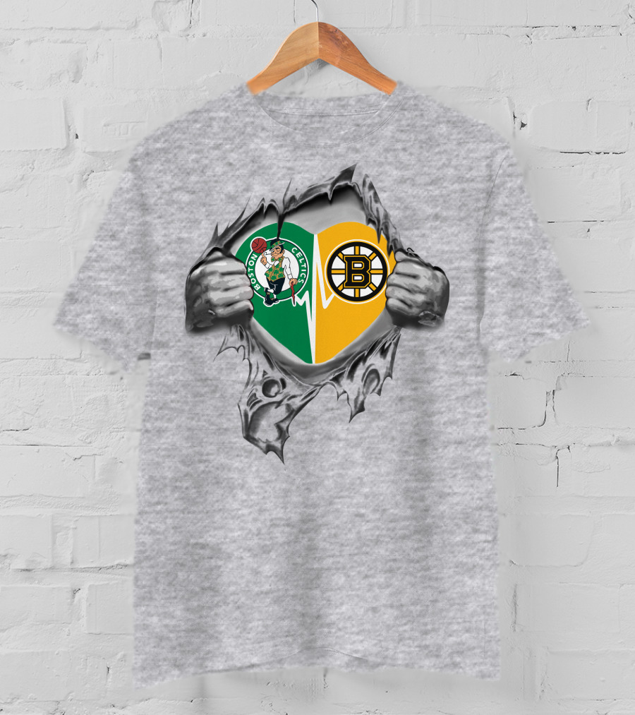Boston Celtics Bruins Heart Inside Featuring Logos And Heartbeat T-Shirt