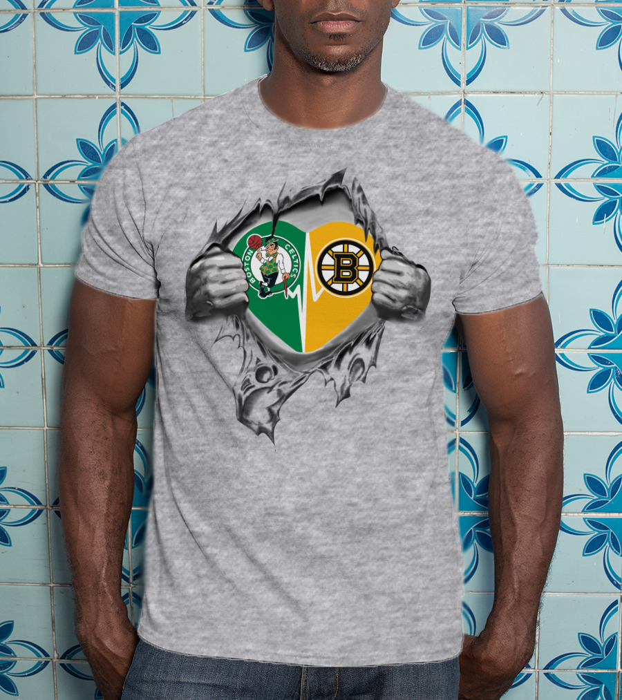 Boston Celtics Bruins Heart Inside Featuring Logos And Heartbeat T-Shirt