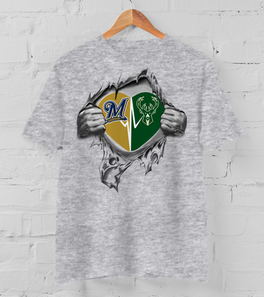 Milwaukee Brewers Bucks Heart Torn Open Hands T-Shirt
