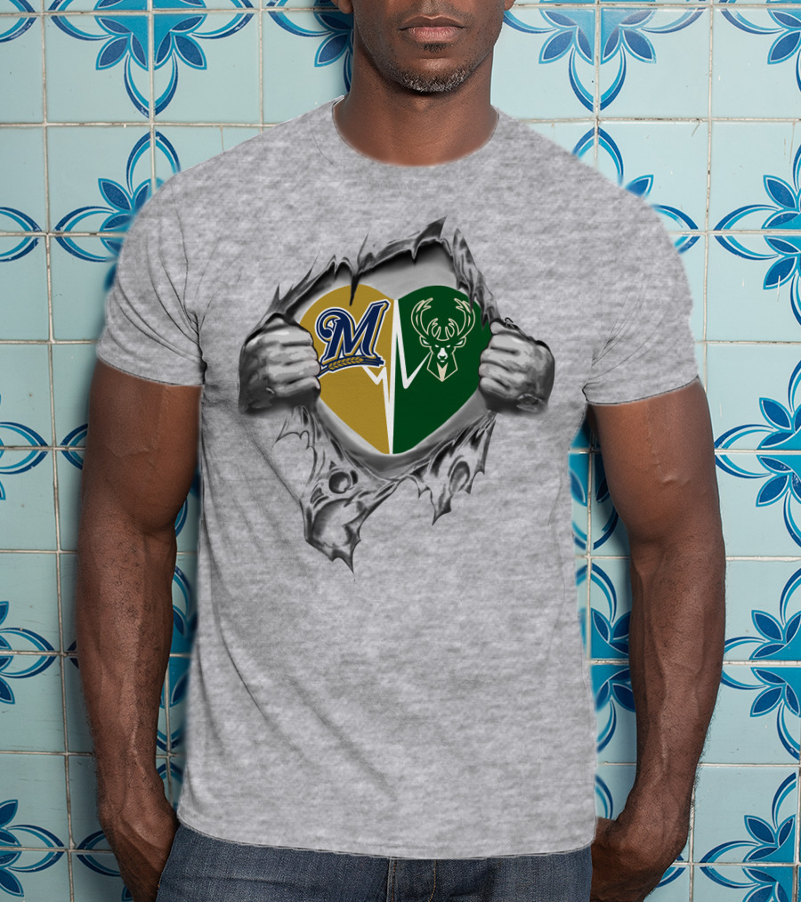 Milwaukee Brewers Bucks Heart Torn Open Hands T-Shirt