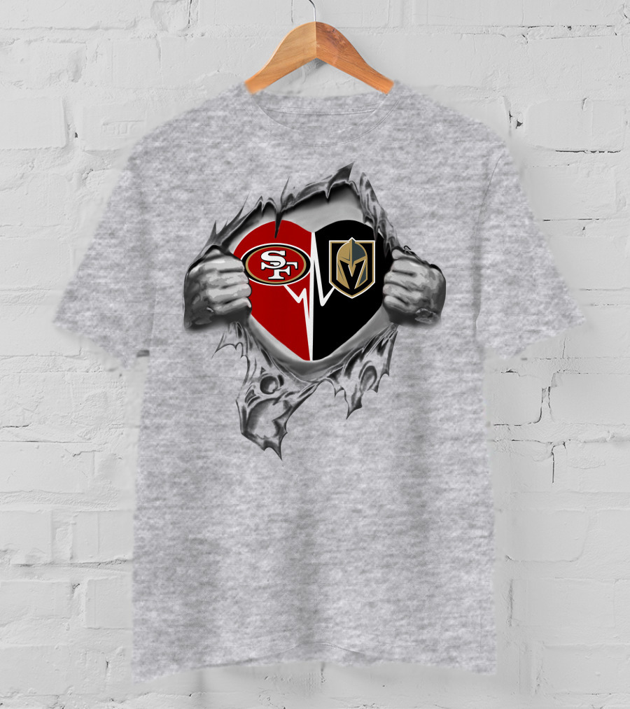 San Francisco 49ers And Vegas Golden Knights Heart Torn Open T-Shirt