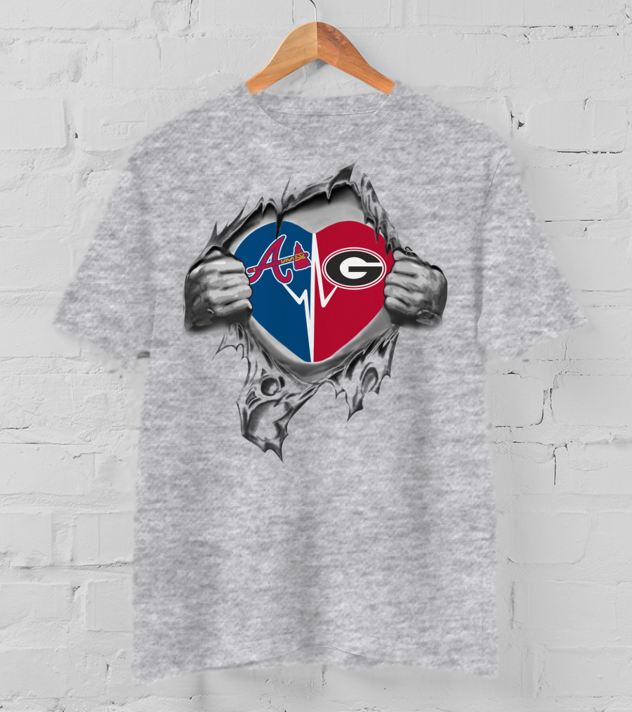 Braves Bulldogs Split Heart Design With Atlanta And Georgia Logos T-Shirt