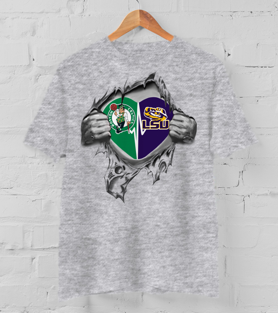 Boston Celtics Lsu Tigers Heartbeat Split Logo Peeling T-Shirt