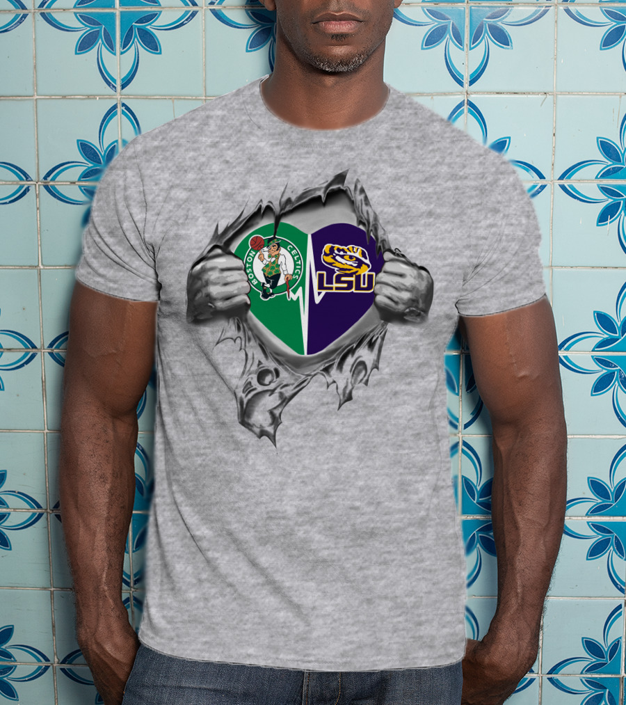 Boston Celtics Lsu Tigers Heartbeat Split Logo Peeling T-Shirt