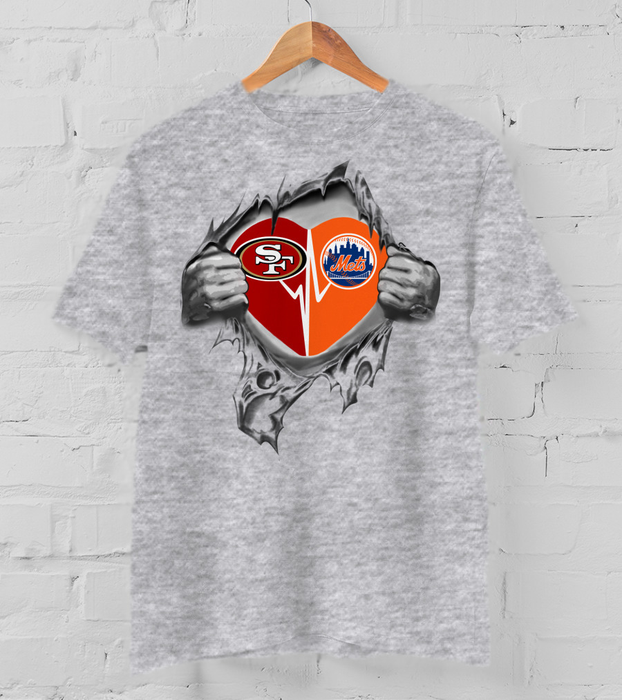 49ers Mets Heart Logos Combined With Hands Ripping Gray T-Shirt
