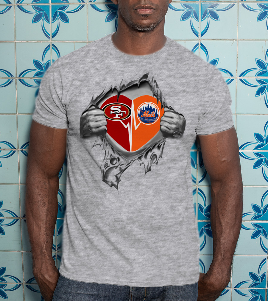 49ers Mets Heart Logos Combined With Hands Ripping Gray T-Shirt