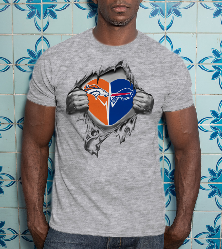 Broncos Bills Heart Logo Torn Fabric T-Shirt