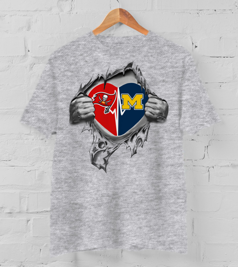 Buccaneers Michigan Wolverines Heart Shaped Logo Mashup Peeking Through Chest T-Shirt