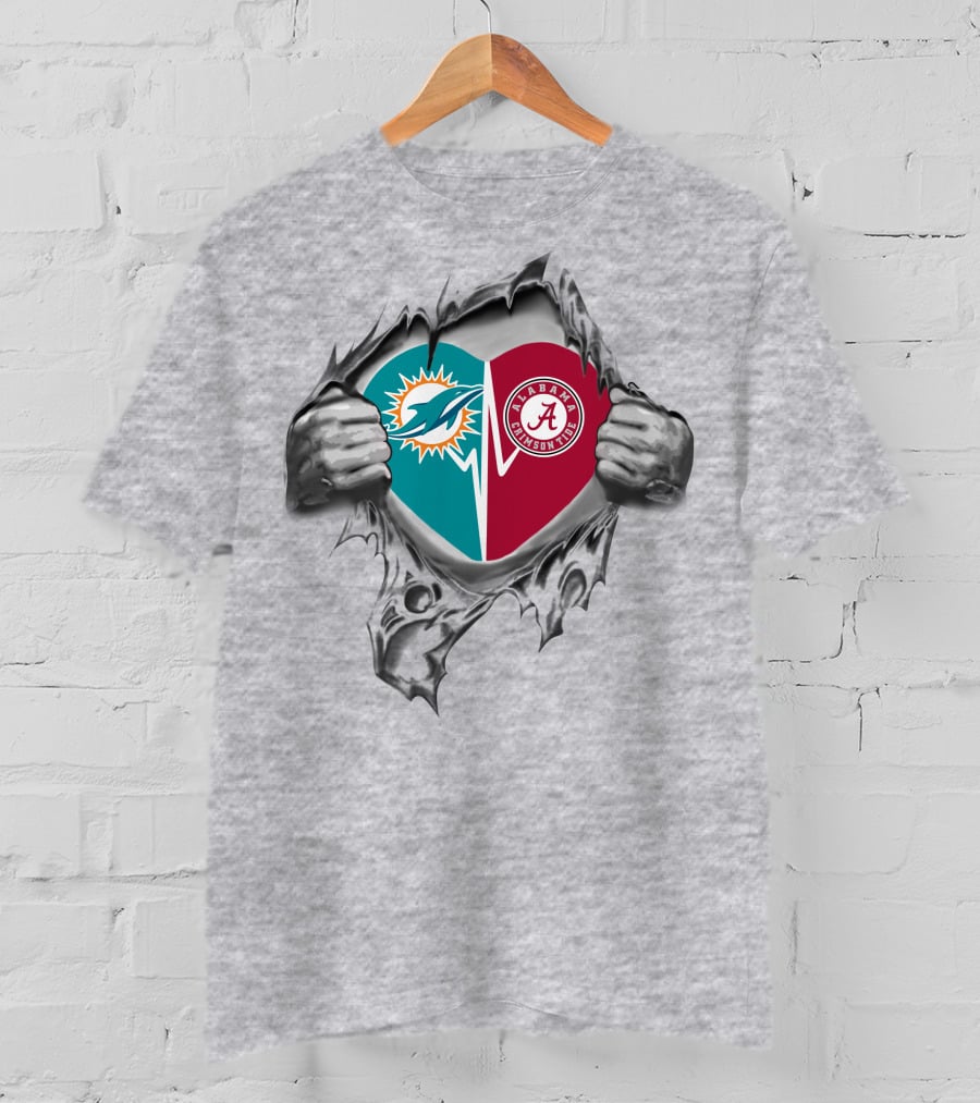 Miami Dolphins Alabama Crimson Tide Heart Torn Metal T-Shirt