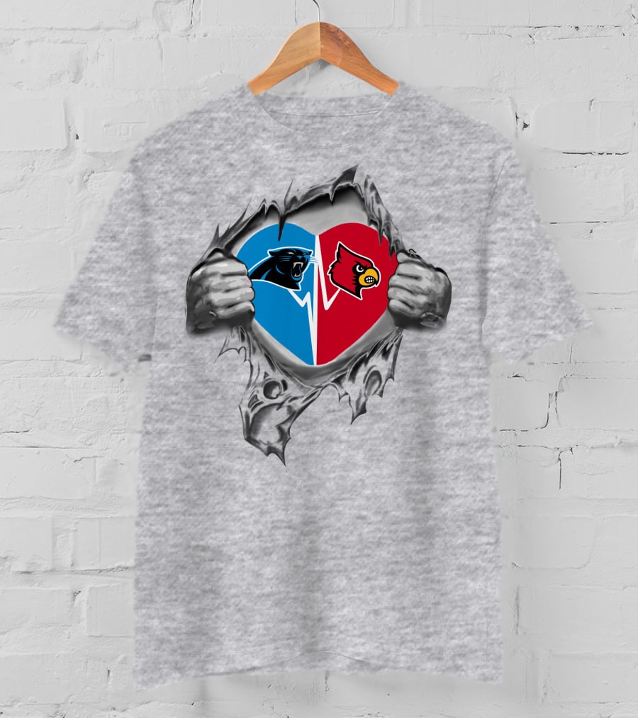 Panthers Louisville Cardinals Heart Symbol Split Blue Red T-Shirt