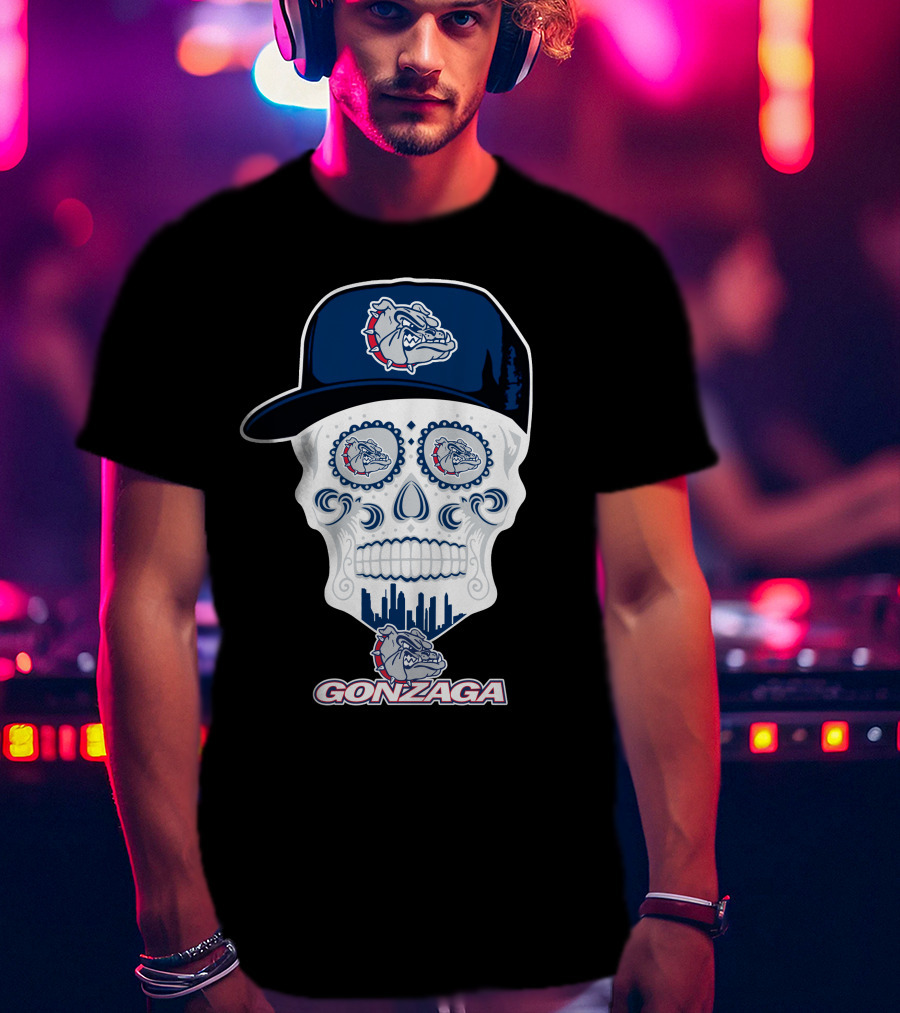 Gonzaga Bulldogs Skull With Hat And City Skyline T-Shirt