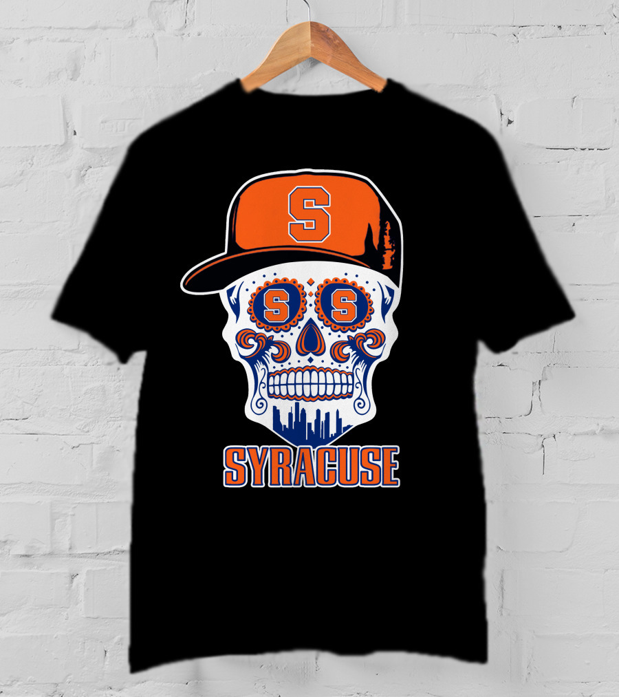 Syracuse Orange Skull With Baseball Cap And Cityscape Elements T-Shirt