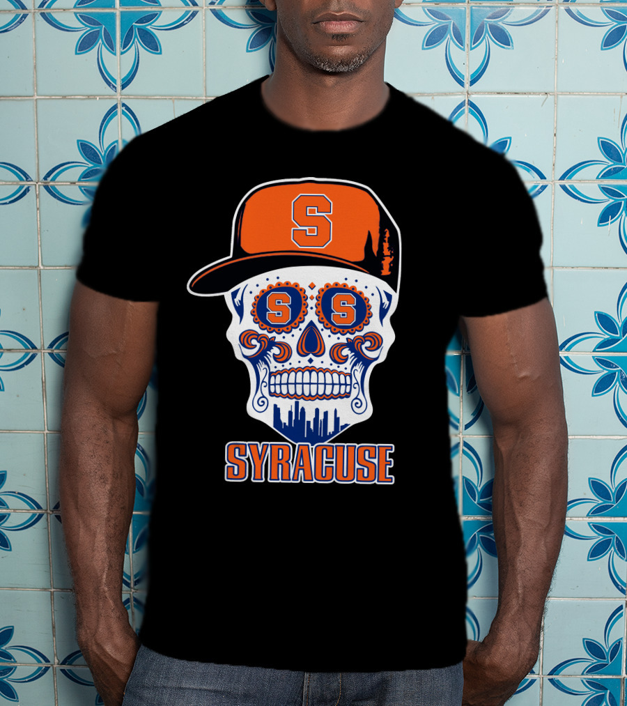 Syracuse Orange Skull With Baseball Cap And Cityscape Elements T-Shirt