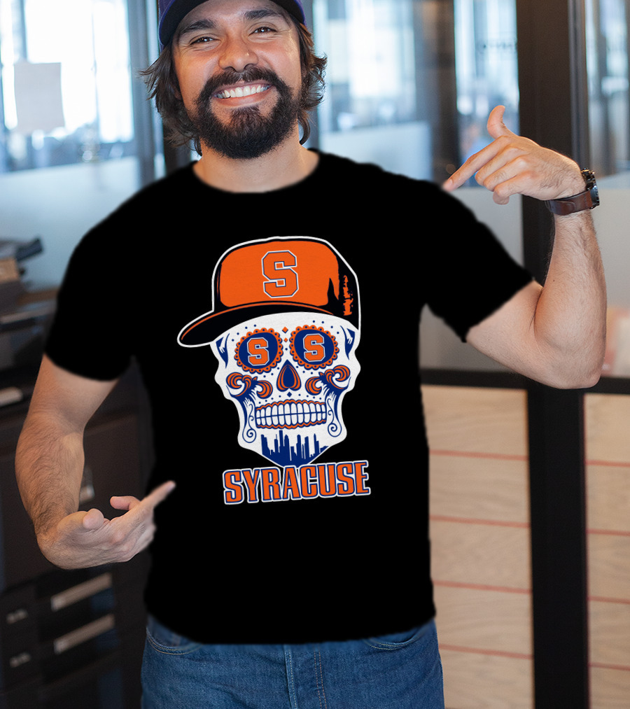 Syracuse Orange Skull With Baseball Cap And Cityscape Elements T-Shirt