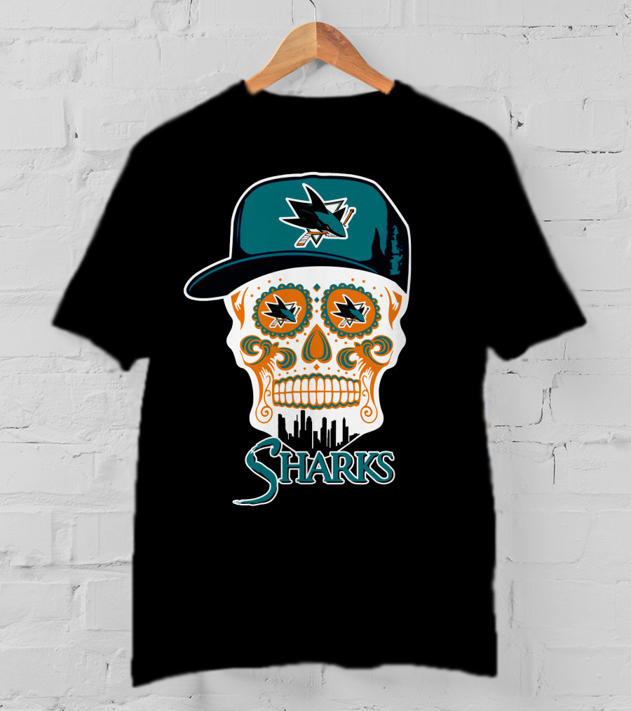 San Jose Sharks Skull With Logo And Cityscape Elements T-Shirt