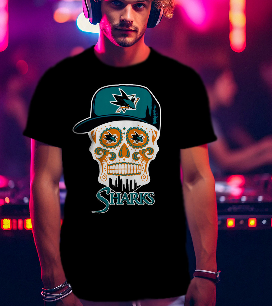 San Jose Sharks Skull With Logo And Cityscape Elements T-Shirt