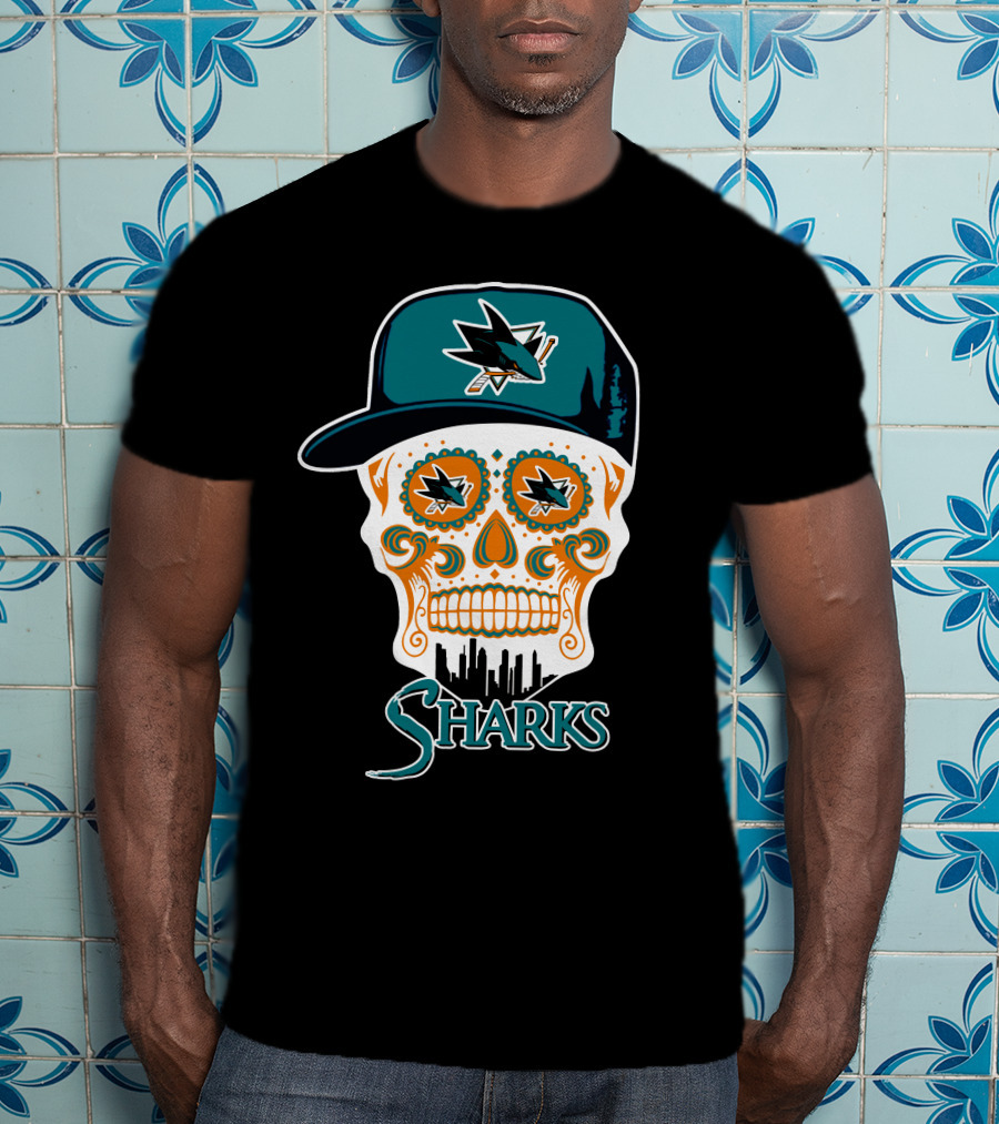 San Jose Sharks Skull With Logo And Cityscape Elements T-Shirt