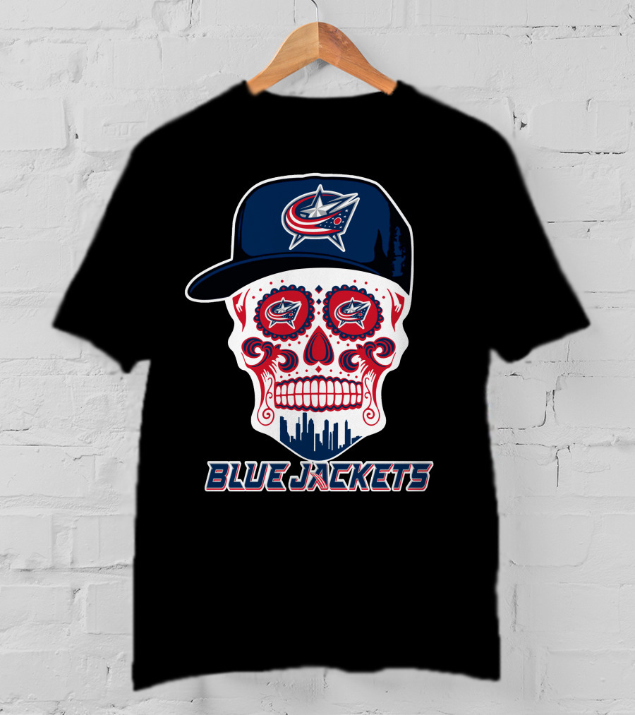 Columbus Blue Jackets Skull With Cap And Cityscape T-Shirt
