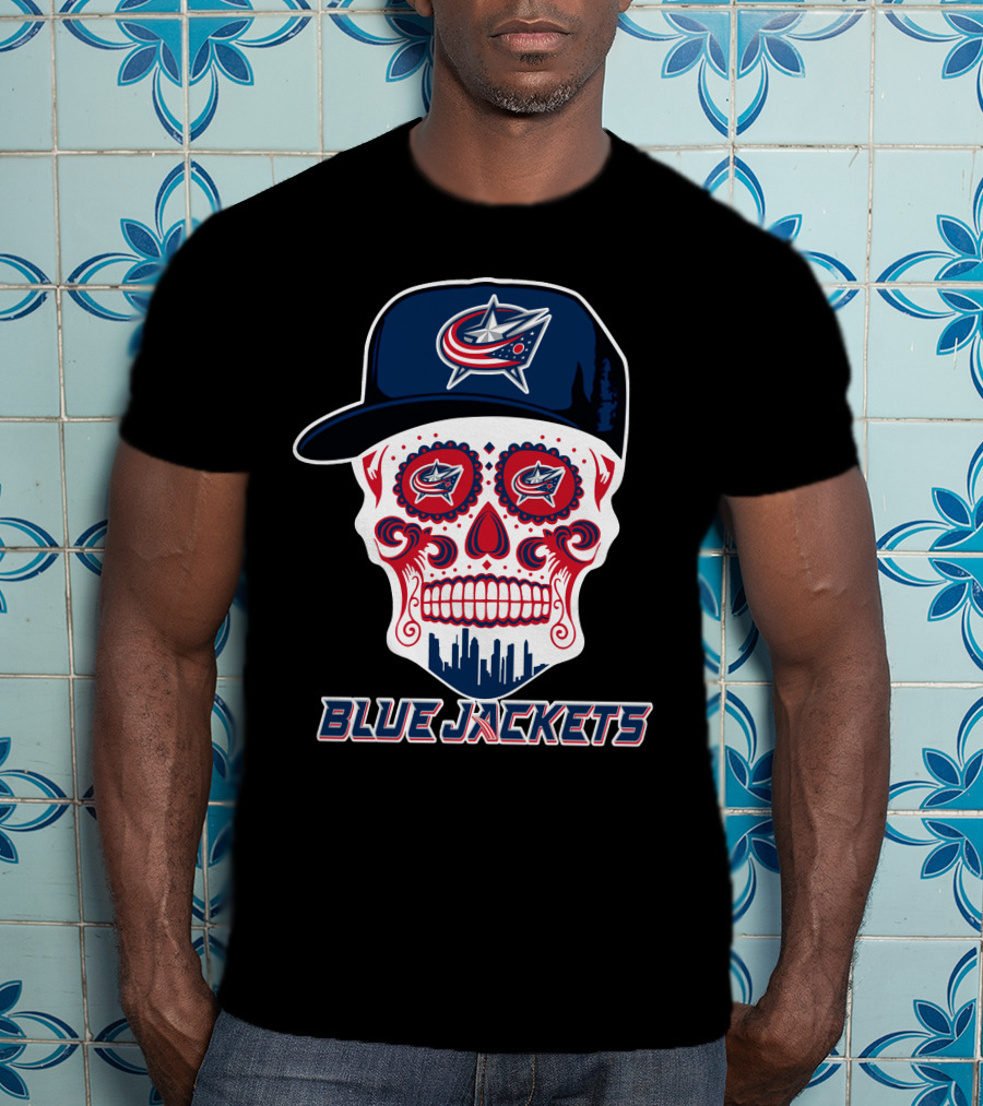 Columbus Blue Jackets Skull With Cap And Cityscape T-Shirt