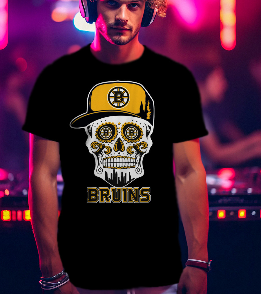 Boston Bruins Skull With Cap And City Silhouette T-Shirt