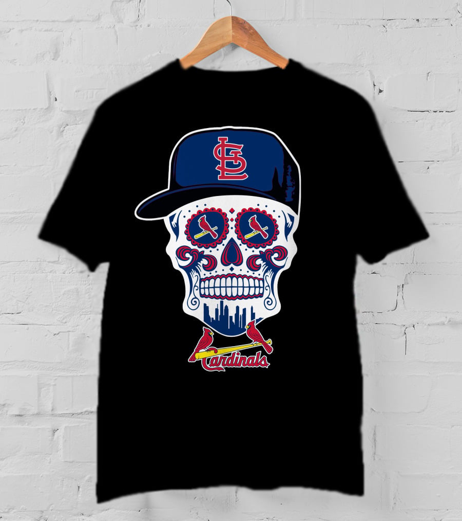 St Louis Cardinals Skull With Baseball Cap And City Skyline T-Shirt