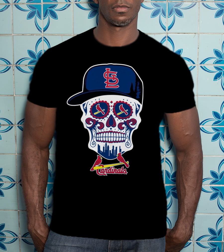 St Louis Cardinals Skull With Baseball Cap And City Skyline T-Shirt