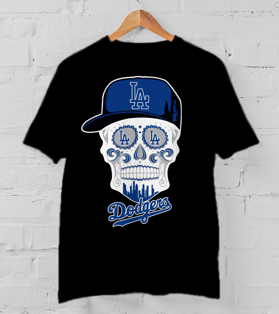 La Dodgers Skull With Cap And Cityscape T-Shirt