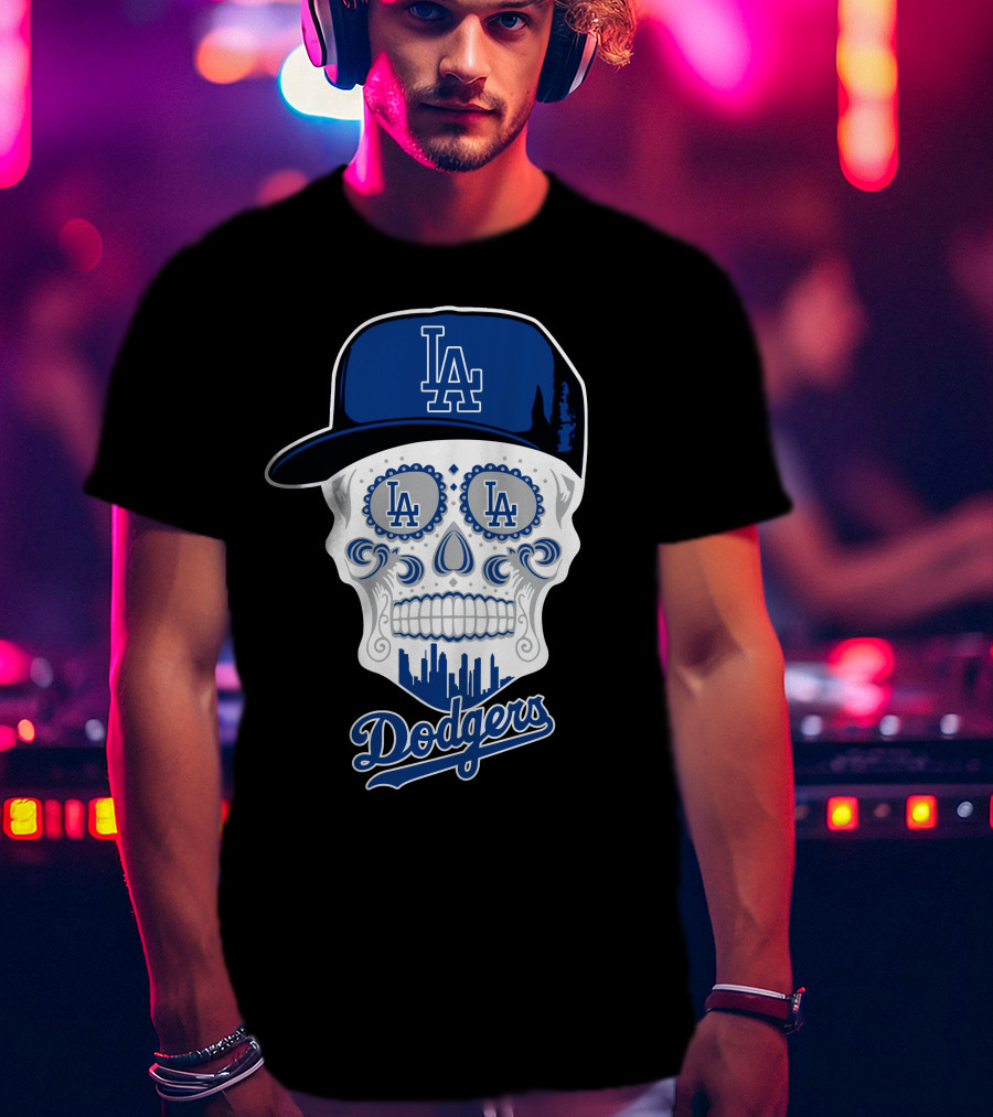 La Dodgers Skull With Cap And Cityscape T-Shirt