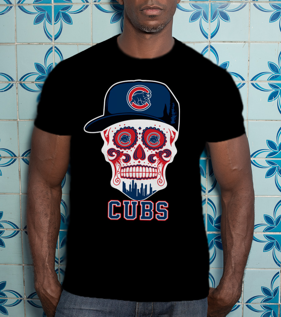 Chicago Cubs Skull Hat Red Blue Skyline T-Shirt