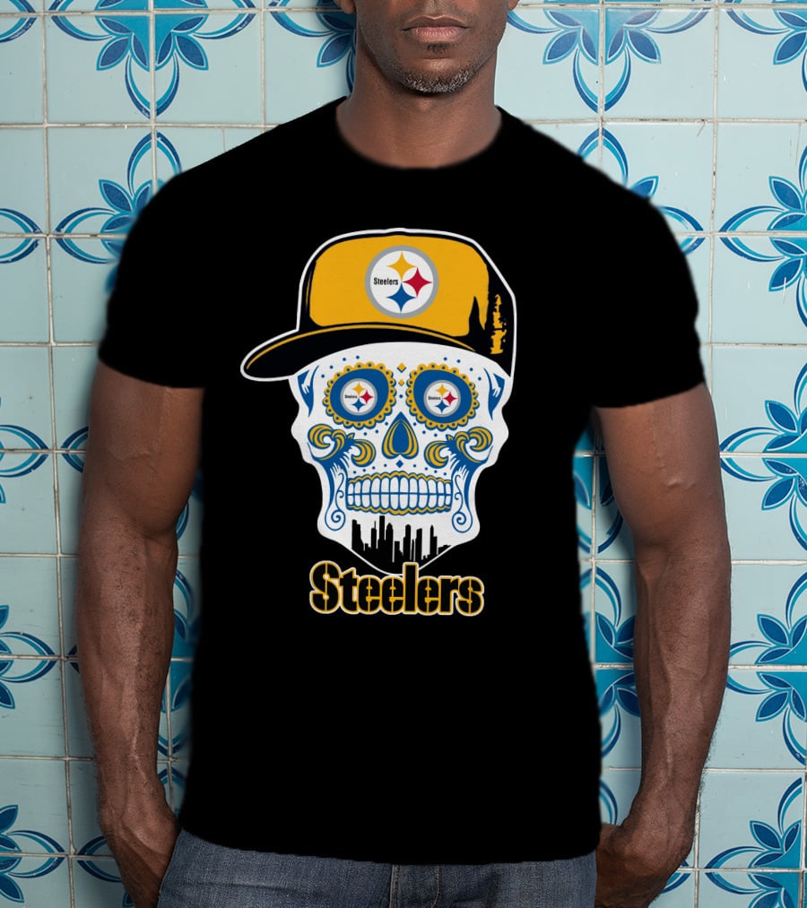 Steelers Skull With Yellow Cap And City Silhouette T-Shirt