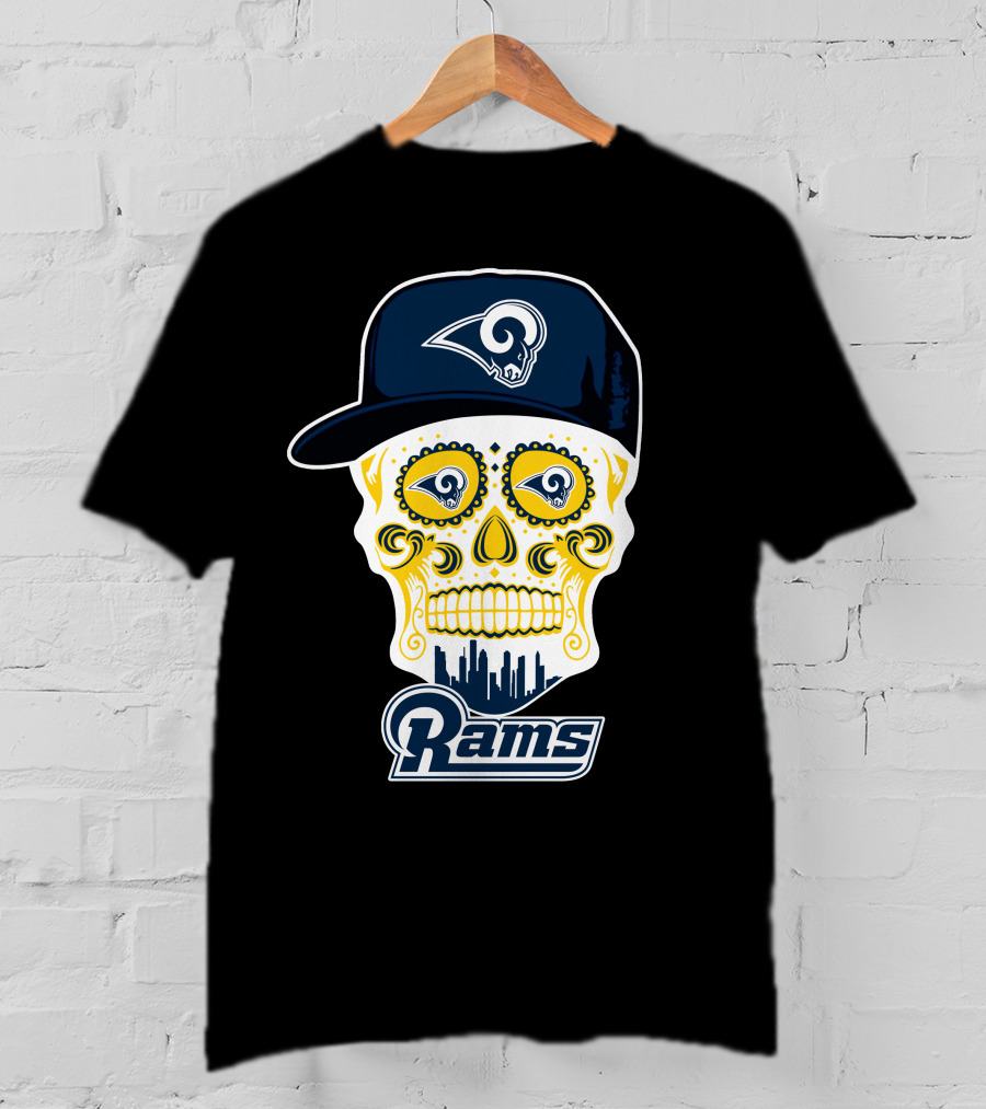 Los Angeles Rams Skull Rams Cap City Skyline T-Shirt