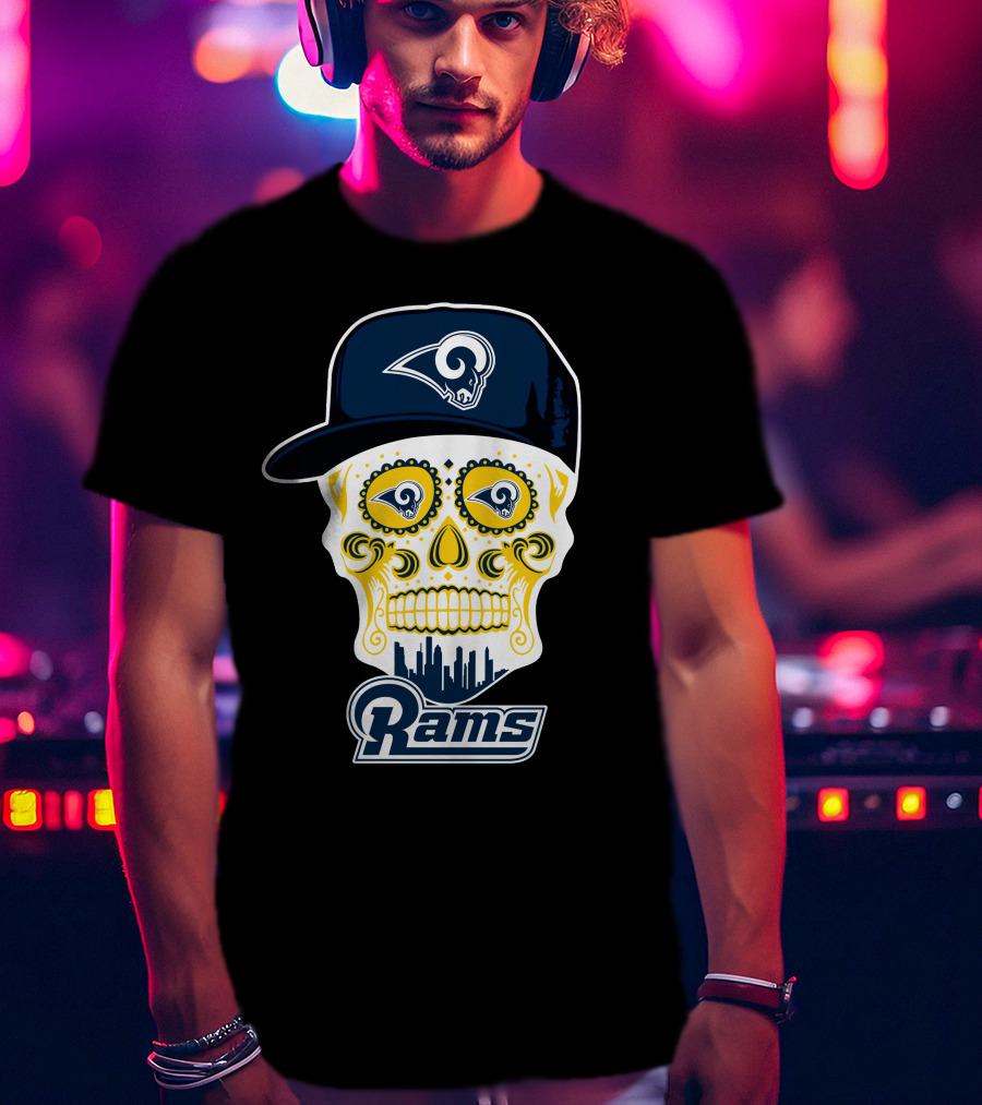 Los Angeles Rams Skull Rams Cap City Skyline T-Shirt