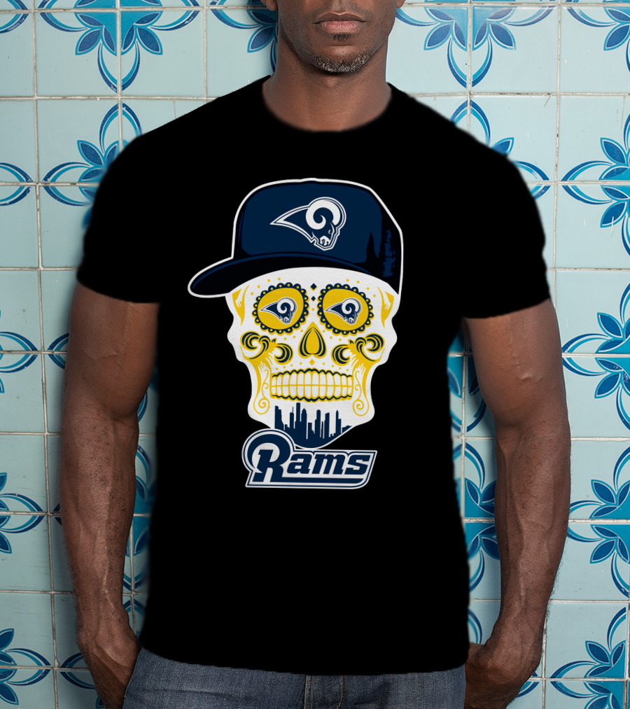 Los Angeles Rams Skull Rams Cap City Skyline T-Shirt