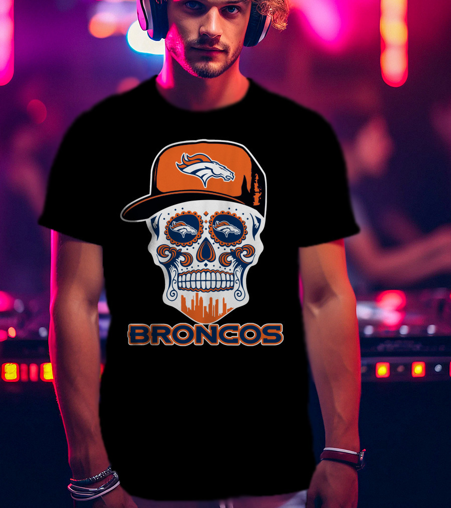 Denver Broncos Skull With Cap And Logos T-Shirt