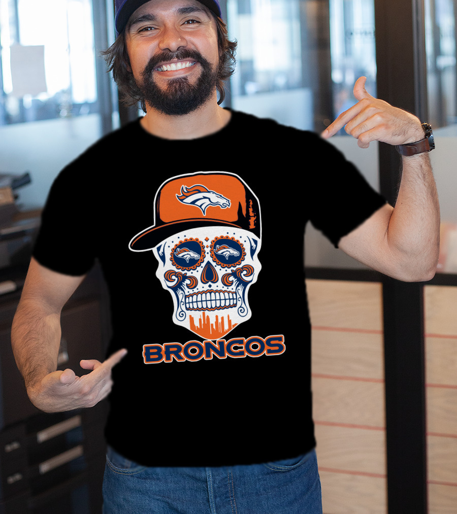 Denver Broncos Skull With Cap And Logos T-Shirt