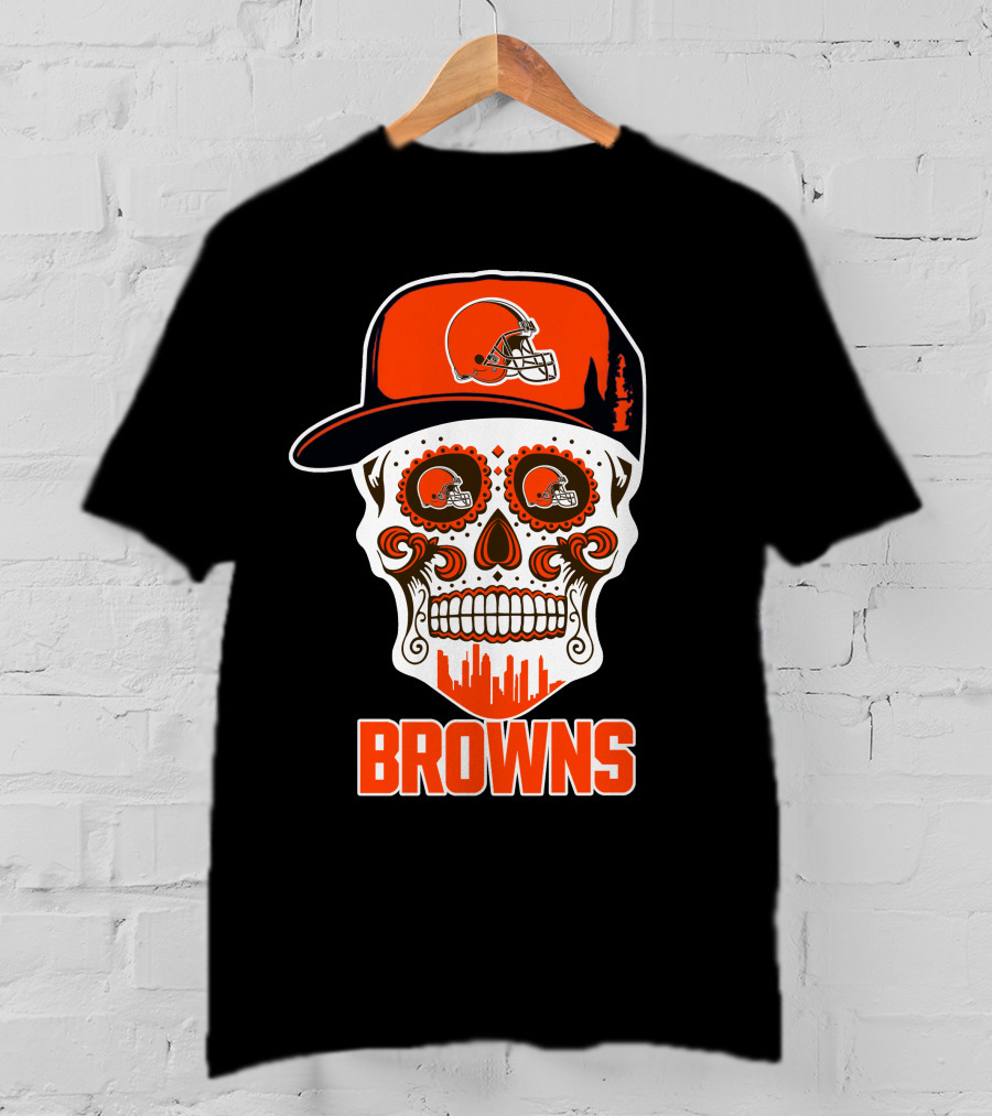 Browns Skull With Helmet And City Skyline T-Shirt