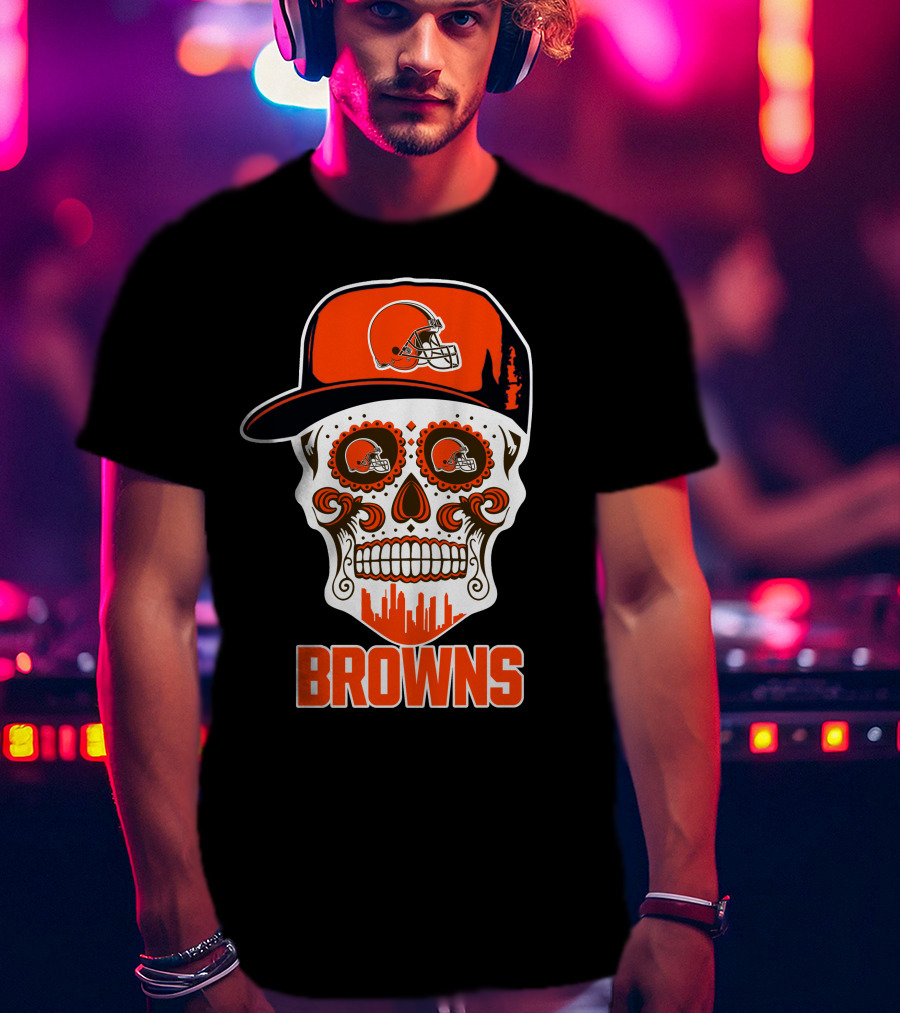 Browns Skull With Helmet And City Skyline T-Shirt