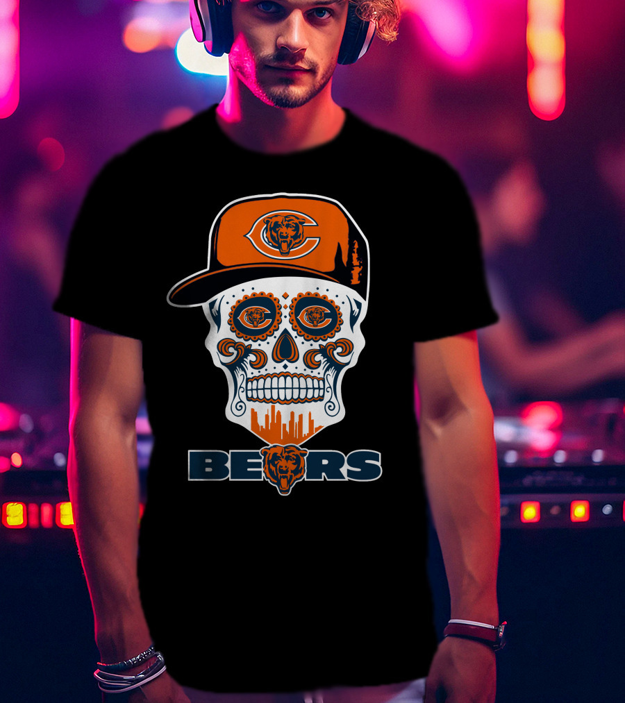 Chicago Bears Skull Hat Urban Skyline T-Shirt