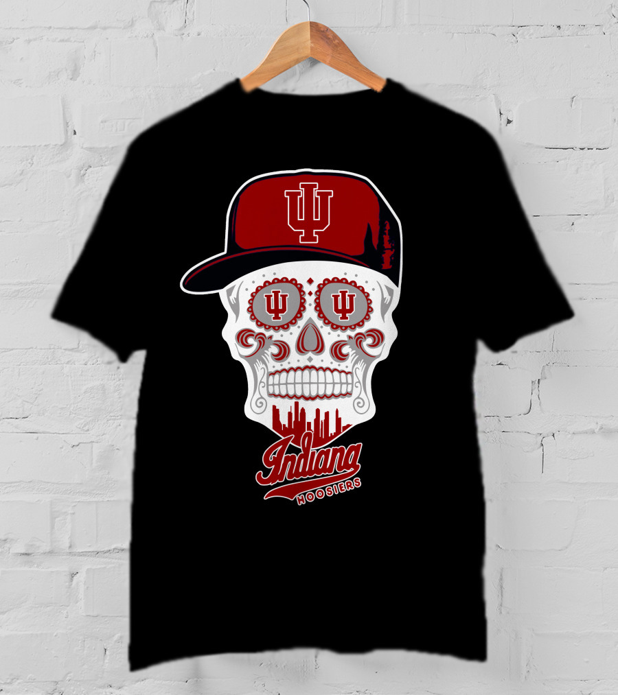 Indiana Hoosiers Skull With Hat And Skyline T-Shirt
