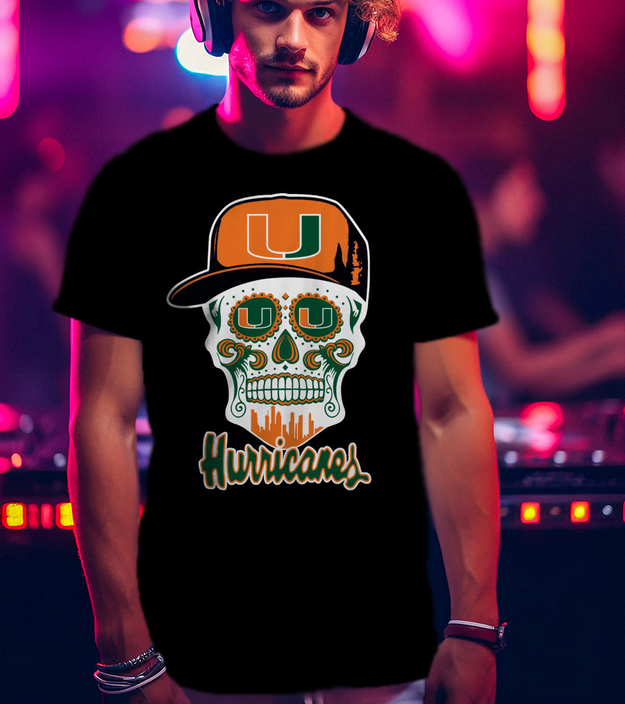 Miami Hurricanes Skull Orange And Green U Cap T-Shirt