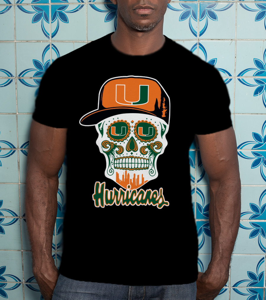 Miami Hurricanes Skull Orange And Green U Cap T-Shirt