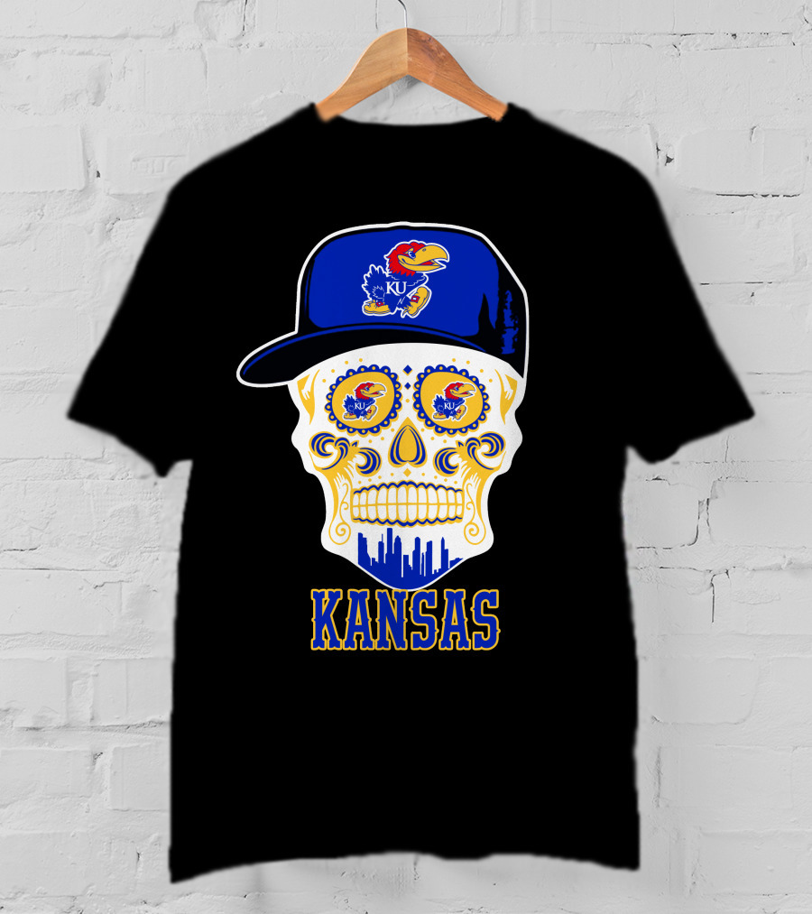 Kansas Jayhawks Skull Hat Ku T-Shirt