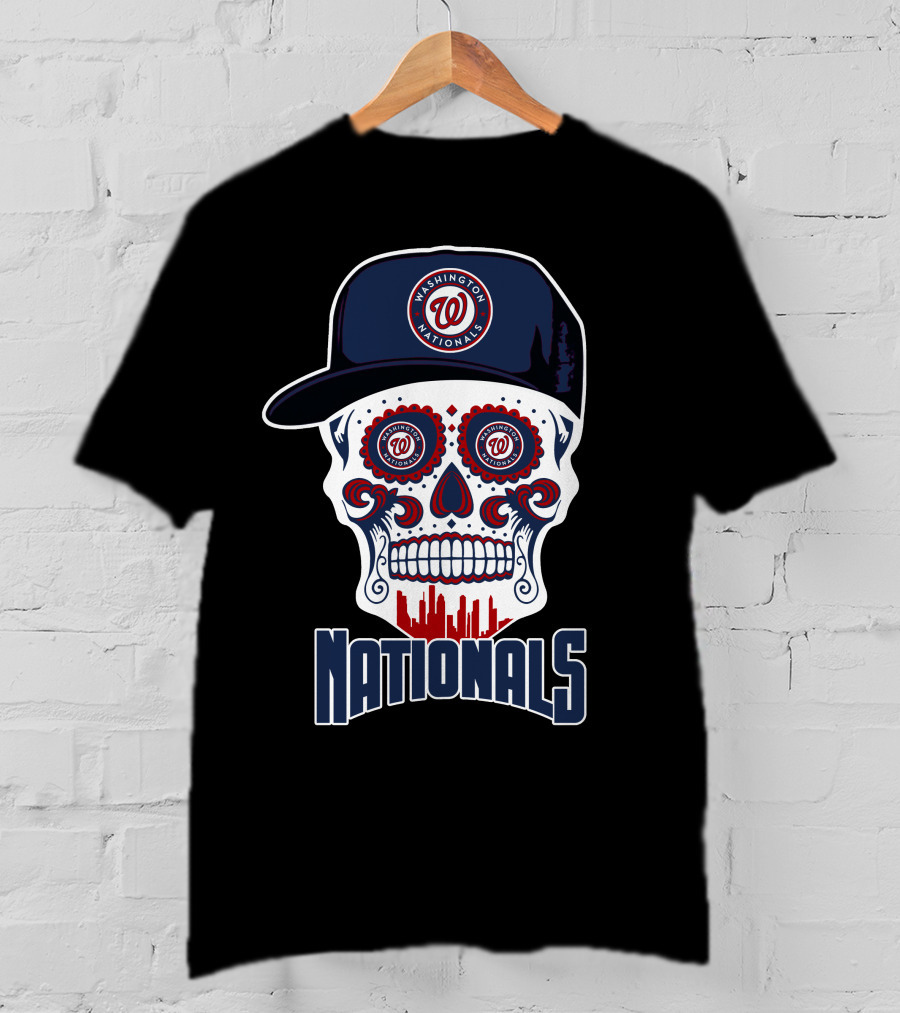 Washington Nationals Skull With Baseball Cap And City Silhouette T-Shirt