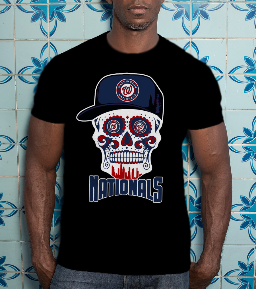 Washington Nationals Skull With Baseball Cap And City Silhouette T-Shirt