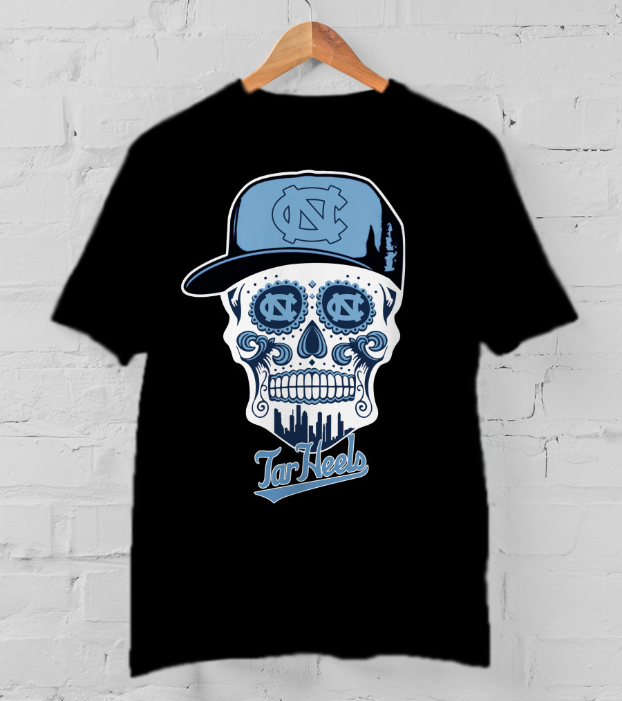 North Carolina Tar Heels Sugar Skull With Hat And Cityscape T-Shirt