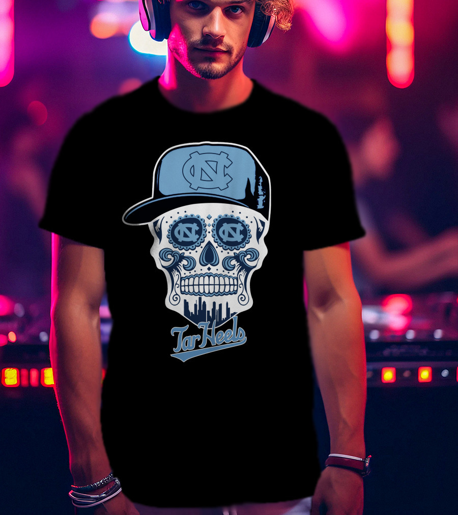 North Carolina Tar Heels Sugar Skull With Hat And Cityscape T-Shirt