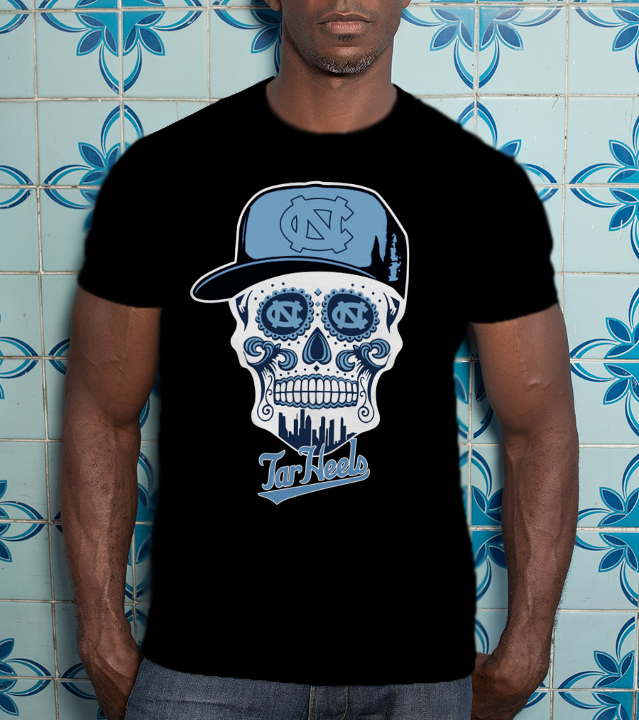 North Carolina Tar Heels Sugar Skull With Hat And Cityscape T-Shirt