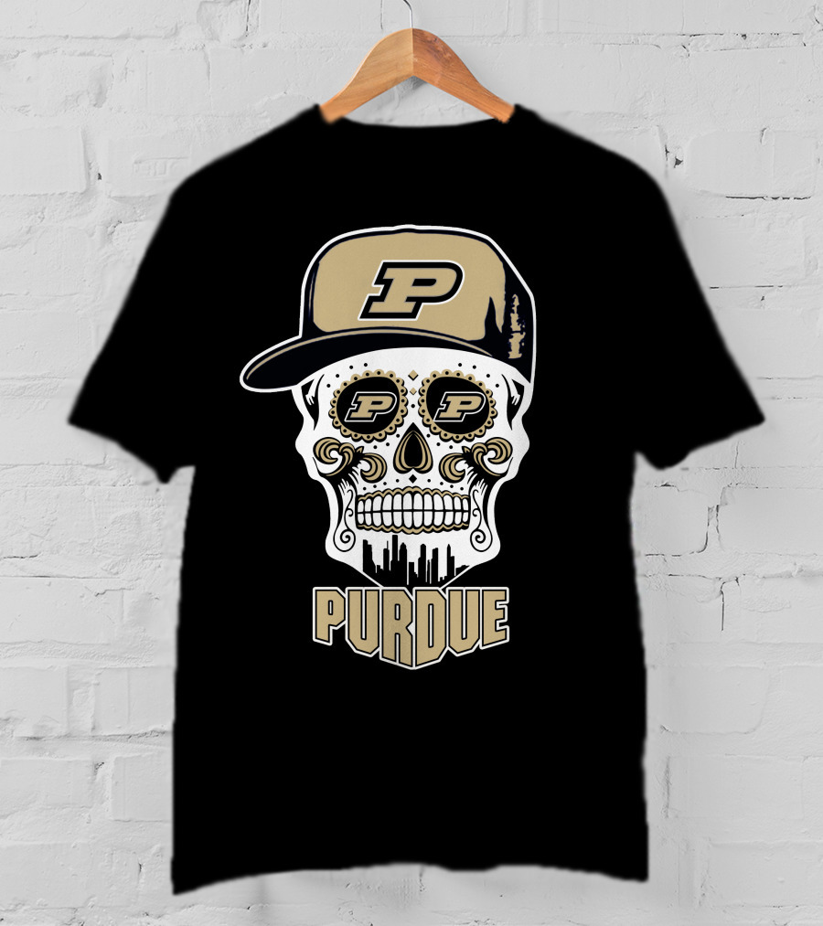 Purdue Boilermakers Skull With Cap And Urban Skyline T-Shirt