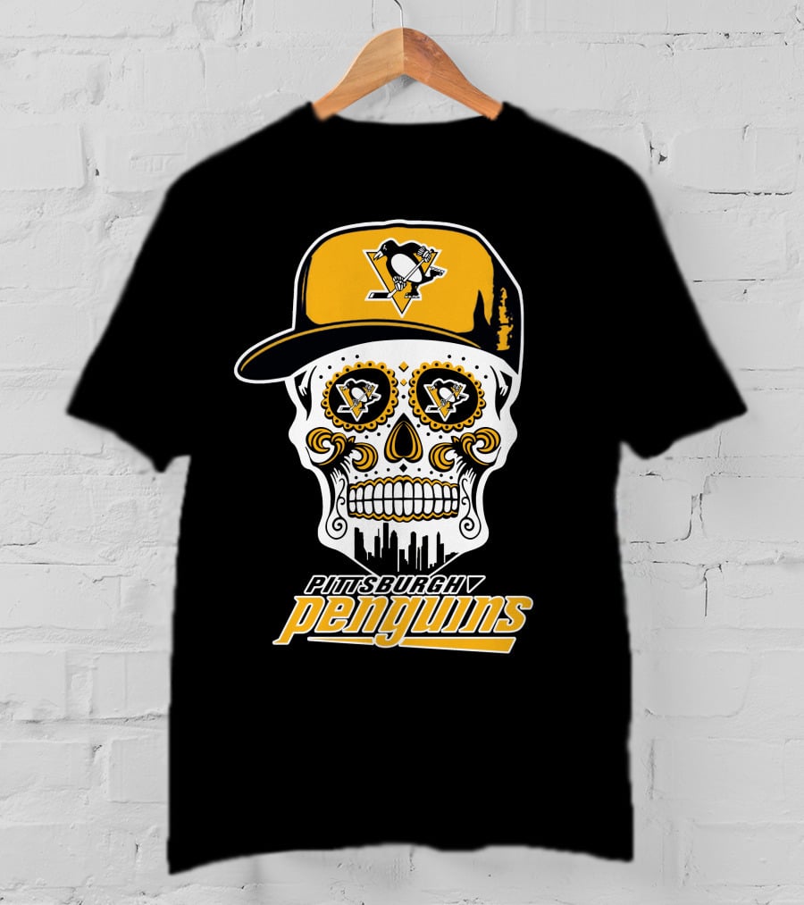 Pittsburgh Penguins Skull Hat Logo Skyline T-Shirt