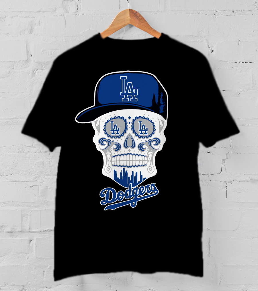 Los Angeles Dodgers Skull La Hat Blue City Skyline T-Shirt